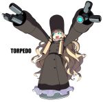  1girl accho_(macchonburike) aqua_eyes black_hat blonde_hair character_name fang full_body hat highres long_hair looking_at_viewer mechanical_arms open_mouth original outstretched_arms simple_background slit_pupils smile solo standing very_long_hair wavy_hair white_background 
