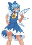  1girl blue_dress blue_eyes blue_hair cirno dress fang flower food food_in_mouth hair_ribbon hidden_star_in_four_seasons highres ice ice_wings icicle looking_at_viewer popsicle ribbon short_hair solo space_jin sunflower sweat tan tanned_cirno touhou white_background wings 