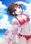  1girl arinko_(arin_pv) beach bikini breasts brown_eyes brown_hair cleavage day frilled_bikini frills innertube looking_at_viewer medium_breasts navel open_mouth original outdoors red_bikini salute short_hair side-tie_bikini solo swimsuit upper_body 