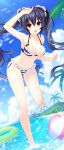  1girl ball beach beachball bikini black_hair breasts day hand_up highres innertube long_hair medium_breasts neptune_(series) noire red_eyes scrunchie side-tie_bikini smile solo striped striped_swimsuit swimsuit twintails very_long_hair waifu2x water 