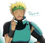  1boy armor blonde_hair blush character_name closed_eyes dark_skin dorne_murtough headband jin_roku lowres male_focus open_mouth pointy_ears portrait simple_background solo star_ocean star_ocean_first_departure teeth white_background 