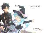  1boy 1girl black_eyes black_hair blue_hair chtholly_nota_seniorious closed_eyes dress flower hat hat_flower highres hinotta long_hair military military_uniform short_hair shuumatsu_nani_shitemasu_ka? simple_background uniform white_background willem_kmetsch 