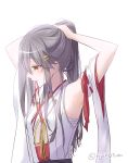  1girl adjusting_hair alternate_hairstyle armpits arms_up black_hair blush brown_eyes commentary_request detached_sleeves eyebrows_visible_through_hair hair_ornament hairclip haruna_(kantai_collection) ichimatsu_nana kantai_collection long_hair mouth_hold nontraditional_miko ribbon-trimmed_sleeves ribbon_trim simple_background solo twitter_username upper_body white_background wide_sleeves 