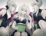  3girls artoria_pendragon_alter_(fate/grand_order) ayamatazu bare_shoulders black_dress breasts cleavage clenched_teeth dress fate/grand_order fate_(series) food food_in_mouth jeanne_alter long_hair looking_at_viewer medium_breasts multiple_girls pale_skin pocky popcorn ruler_(fate/apocrypha) saber saber_alter sideboob silver_hair sleeveless teeth trait_connection yellow_eyes 