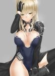  black_gloves blonde_hair boots braid breasts cleavage gloves green_eyes kfr large_breasts long_hair sitting 