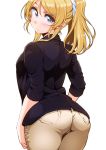  1girl arched_back ass ayase_eli ayumu-k blonde_hair blue_eyes blush cowboy_shot from_behind highres looking_back love_live! love_live!_school_idol_project pants ponytail sidelocks simple_background solo white_background white_scrunchie 