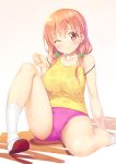  1girl blush braid breasts clenched_hand collarbone hair_ornament hair_scrunchie highres hinako_note ichi_makoto kneehighs large_breasts long_hair looking_at_viewer low_twintails one_eye_closed pink_hair red_eyes sakuragi_hinako scrunchie shadow shoes short_shorts shorts simple_background sitting solo strap_slip twintails uwabaki white_legwear 
