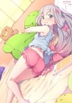  1girl ass azumi_akitake bare_arms bare_shoulders bedroom blue_eyes bow colored_eyelashes copyright_name curtains dutch_angle embarrassed eromanga_sensei from_behind hair_bow indoors izumi_sagiri long_hair looking_at_viewer low-tied_long_hair lying object_hug on_side pajamas pink_bow signature silver_hair stuffed_animal stuffed_toy wavy_mouth 