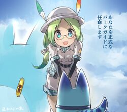  1girl :d bag bangs belt belt_pouch black_belt blue_eyes blue_sky breast_pocket bucket_hat camouflage camouflage_bag clouds day eyebrows eyebrows_visible_through_hair eyelashes facing_away from_behind glasses gloves green_hair grey_hat hat hat_feather japari_symbol kemono_friends leaning_forward long_hair long_sleeves looking_at_another looking_down low-tied_long_hair lucky_beast_(kemono_friends) mirai_(kemono_friends) mousoup open_mouth outdoors own_hands_together parted_bangs pocket safari_jacket short_over_long_sleeves short_sleeves sky sleeve_cuffs smile tareme translated white_gloves 