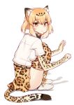  1girl animal_ears artist_name blonde_hair bow bowtie breasts elbow_gloves fur_collar gloves jaguar_(kemono_friends) jaguar_ears jaguar_print jaguar_tail jewriel kemono_friends knees_to_chest looking_at_viewer medium_breasts shadow shirt short_hair short_sleeves simple_background sitting skirt solo tail thigh-highs thighs triangle_mouth white_background yellow_eyes 
