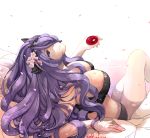  1girl 2016 alcohol artist_name bikini black_bikini breasts camilla_(fire_emblem_if) circlet cleavage commentary_request cup dated fire_emblem fire_emblem_if flower hair_between_breasts hair_flower hair_ornament hair_over_one_eye kero_sweet large_breasts long_hair looking_up number petals purple_hair rock sakazuki sake signature sitting solo swimsuit very_long_hair violet_eyes wavy_hair 