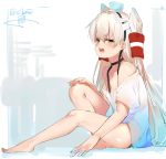  1girl amatsukaze_(kantai_collection) bare_legs bare_shoulders barefoot bent_knees blush breasts brown_eyes choker dress fangs from_side frown full_body hair_tubes isshiki_(ffmania7) kantai_collection knee_up long_hair open_mouth shirt short_dress signature silver_hair sitting small_breasts thighs two_side_up white_shirt 