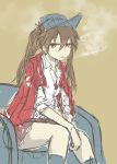 1girl armchair artist_request black_legwear brown_eyes brown_hair chair cigarette commentary_request hair_between_eyes japanese_clothes jewelry kantai_collection kariginu kneehighs long_hair looking_at_viewer magatama necklace ryuujou_(kantai_collection) simple_background sitting sleeves_rolled_up smoke smoking solo twintails 