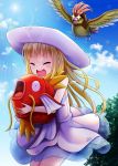  absurdres bangs bare_shoulders blonde_hair bluebird_(bluebird90) blunt_bangs blush closed_eyes commentary_request crying day dress drooling hat highres hug hungry lillie_(pokemon) long_hair magikarp open_mouth pidgeotto pokemon pokemon_(game) pokemon_sm protecting see-through sky sparkling_eyes sun_hat sunlight tears tree 