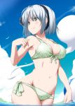  1girl armpits bangs bare_arms bare_shoulders bikini bird black_hairband black_ribbon blue_sky blush breasts cleavage closed_mouth clouds collarbone commentary_request day floating from_below front-tie_bikini front-tie_top ghost green_bikini green_eyes hair_ribbon hairband highres hitodama konpaku_youmu konpaku_youmu_(ghost) looking_to_the_side medium_breasts navel nori_tamago outdoors revision ribbon short_hair side-tie_bikini silver_hair sky smile solo stomach swimsuit tareme touhou violet_eyes wading walking water 