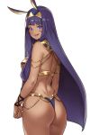  1girl ass bangs blush bracelet cowboy_shot dark_skin egyptian egyptian_clothes eyebrows_visible_through_hair facial_mark fake_animal_ears fate/grand_order fate_(series) from_behind hairband highres houtengeki jewelry looking_at_viewer looking_back matching_hair/eyes nitocris_(fate/grand_order) open_mouth purple_hair simple_background smile solo standing thong very_long_hair violet_eyes white_background 