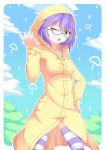  1girl brown_eyes glasses highres looking_at_viewer nugi_(armenci) one_eye_closed open_mouth original purple_hair rain raincoat semi-rimless_glasses short_hair solo striped striped_legwear thigh-highs 