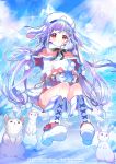  1girl ahoge animal blue_sky boots braid breath capelet cup day glacier gloves gyakushuu_no_fantasica hat highres long_hair looking_at_viewer mug official_art outdoors pom_pom_(clothes) purple_hair rabbit rassie_s red_eyes sitting sky snow snowflakes sparkle sunlight watermark white_boots white_gloves white_hat 