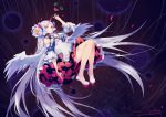  1girl bare_shoulders bent_knees criin_(659503) falling flower full_body heterochromia horn long_hair red_eyes shoes signature solo very_long_hair vocaloid vocanese white_hair wings xingchen yellow_eyes 