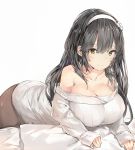  1girl alternate_costume bangs bare_shoulders bed_sheet black_hair blunt_bangs breasts brown_eyes brown_legwear casual closed_mouth collarbone commentary_request eyebrows_visible_through_hair eyelashes flower foreshortening girls_frontline hair_flower hair_ornament hairband highres large_breasts long_hair long_sleeves looking_at_viewer lying off-shoulder_sweater on_stomach pantyhose qbz-95_(girls_frontline) ribbed_sweater silver_(chenwen) simple_background sleeves_past_wrists smile solo sweater tsurime white_background white_hairband white_sweater 