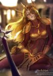  1girl artist_name blonde_hair bodysuit brown_eyes gauunlets hair_over_one_eye highres hoo_bamon league_of_legends leona_(league_of_legends) lips long_hair patreon_username realistic sitting skin_tight smile solo spaulders tiara weapon 