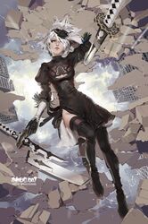  back_cutout black_dress black_hairband blue_eyes boots cleavage_cutout dress feather-trimmed_sleeves hairband highres long_sleeves mole mole_under_mouth nier_(series) nier_automata no_blindfold shilin silver_hair thigh-highs thigh_boots thighhighs_under_boots yorha_no._2_type_b 