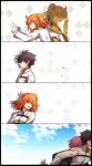  blue_sky checkered checkered_background choco_taberusan fate/grand_order fate_(series) fou_(fate/grand_order) fujimaru_ritsuka_(female) fujimaru_ritsuka_(male) jewelry ponytail ring romani_akiman running shielder_(fate/grand_order) sky waving 
