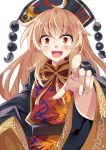  &gt;:d 1girl :d blonde_hair blush chinese_clothes crazy_eyes crazy_smile e.o. fingernails foreshortening hands highres junko_(touhou) long_hair open_mouth pointing pointing_at_viewer red_eyes smile solo tabard touhou very_long_hair wide-eyed wide_sleeves 