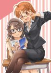  1girl 2girls :d adjusting_glasses ahoge arm_around_shoulder ayase_eli bangs bespectacled black-framed_eyewear black_legwear black_skirt blue_eyes blush bow braid collared_shirt commentary_request cover cover_page desk doujin_cover formal fukutarou_(enji127) glasses grey_hair hair_bow hoshizora_rin koizumi_hanayo kousaka_honoka legs_crossed long_hair looking_at_viewer love_live! love_live!_school_idol_project love_live!_sunshine!! magazine minami_kotori multiple_girls nishikino_maki office_lady on_desk open_mouth orange_hair pantyhose pinstripe_pattern red-framed_eyewear red_eyes school_desk school_uniform serafuku shirt short_hair side_braid sitting sitting_on_desk skirt skirt_suit smile sonoda_umi striped suit sweatdrop swept_bangs takami_chika toujou_nozomi watanabe_you yazawa_nico yellow_bow 