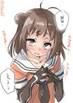  1girl antenna_hair bangs blush brown_eyes brown_gloves brown_hair collarbone double_bun ebifurya elbow_gloves eyebrows_visible_through_hair fingers_together gloves highres kantai_collection looking_at_viewer naka_(kantai_collection) neckerchief open_mouth school_uniform serafuku short_sleeves simple_background solo speech_bubble tears translated twitter_username upper_body white_background 