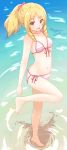  1girl barefoot bikini blonde_hair bow brown_eyes drill_hair eromanga_sensei front-tie_top full_body hair_bow highres long_hair looking_at_viewer nemsist open_mouth red_bow side-tie_bikini solo standing standing_on_one_leg striped striped_bikini swimsuit yamada_elf 