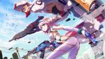  1girl :d benghuai_xueyuan blue_eyes blue_sky blush breasts clouds cowboy_shot day drill_hair dual_wielding floating_hair from_side gloves groin gun hair_ornament hairband hairclip handgun holding holding_gun holding_weapon iotower kiana_kaslana leaning_forward leggings long_hair looking_at_viewer looking_to_the_side mecha medium_breasts navel open_mouth revealing_clothes rifle silver_hair sky smile solo stomach twin_drills under_boob weapon white_gloves 