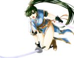  1girl boots breasts brown_boots clenched_hands delsaber dress fingerless_gloves fire_emblem fire_emblem:_rekka_no_ken gloves green_eyes green_hair jumping katana knee_boots long_hair lyndis_(fire_emblem) medium_breasts open_mouth pelvic_curtain ponytail sash scabbard sheath short_sleeves side_slit simple_background solo sword thighs weapon white_background 