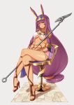  1girl cross-laced_footwear earrings egyptian_clothes essa_sazhka facial_mark fate/grand_order fate_(series) highres jewelry legs_crossed long_hair looking_at_viewer nitocris_(fate/grand_order) purple_hair sitting solo staff very_long_hair violet_eyes 
