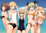  &gt;:d 5girls :d absurdres american_flag_bikini anchovy armpits arms_up ass bangs bent_over between_breasts bikini black_bikini blonde_hair blue_bikini blush breasts brown_eyes brown_hair casual_one-piece_swimsuit choker cleavage contrapposto covered_navel darjeeling detexted dog_tags drill_hair erect_nipples fangs flag_print front-tie_bikini front-tie_top girls_und_panzer gluteal_fold green_hair grin hands_on_own_chest highres horizon katyusha kay_(girls_und_panzer) large_breasts leaning_forward light_smile long_hair looking_at_viewer medium_breasts multiple_girls nishizumi_maho one-piece_swimsuit open_mouth outdoors parted_bangs red_eyes scan school_swimsuit short_hair side-tie_bikini small_breasts smile strap_slip swimsuit tanaka_takayuki twin_drills twintails white_swimsuit 