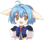  00s 1girl aliasing animal_ears bad_id bangs blue_hair cat_ears child dress galaxy_angel looking_at_viewer mint_blancmanche namori open_mouth puffy_sleeves ribbon short_dress short_hair simple_background smile solo uniform white_background yellow_eyes 
