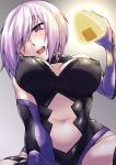  1girl bare_shoulders black_legwear blush breasts cleavage cleavage_cutout elbow_gloves erect_nipples eyes_visible_through_hair fate/grand_order fate_(series) food girl_on_top gloves hair_over_one_eye ken_tatsuki large_breasts looking_at_viewer navel navel_cutout onigiri open_mouth pov purple_gloves purple_hair shielder_(fate/grand_order) short_hair smile solo thigh-highs violet_eyes 