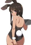  1girl animal_ears ass bare_back bare_shoulders black_hair black_leotard brown_eyes bunny_tail bunnysuit covering covering_ass detached_collar from_behind highres holding leotard long_hair looking_back original rabbit_ears solo strapless strapless_leotard tail toy_box-r tray wrist_cuffs 
