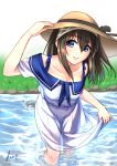  1girl absurdres blue_eyes brown_hair dress hat highres idolmaster idolmaster_cinderella_girls jakelian long_hair looking_at_viewer sagisawa_fumika sailor_dress solo sun_hat water 