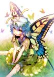  1girl absurdres antennae artist_name blue_hair butterfly butterfly_wings commentary dress eternity_larva from_above grass green_dress hair_ornament highres hinasumire leaf leaf_hair_ornament looking_at_viewer on_ground open_mouth short_hair sitting solo touhou wings yellow_eyes 