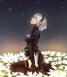  1girl absurdres blindfold boots breasts crying dress field flower flower_field gloves grey_hair high_heels highres medium_breasts nier_(series) nier_automata short_hair sitting solo thigh-highs thigh_boots thighs wariza yorha_no._2_type_b zlfnrk 