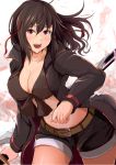  1girl :d blush breasts brown_hair cleavage cowboy_shot curvy kanzaki_kureha large_breasts long_hair looking_at_viewer midriff open_mouth original smile solo violet_eyes wide_hips 