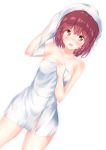  1girl :o absurdres arm_up atelier_(series) atelier_sophie bangs bare_arms bare_shoulders blunt_bangs blush body_blush collarbone commentary_request cowboy_shot drying_hair dutch_angle hand_on_own_chest highres looking_at_viewer naked_towel nose_blush numpopo open_mouth orange_eyes red_eyes shiny shiny_hair shiny_skin short_hair solo sophie_neuenmuller standing sweat tareme thighs towel towel_on_head water water_drop 