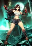  1girl belt black_hair black_skirt boots breasts brown_footwear brown_hair clenched_hand cross-laced_footwear earrings elbow_gloves elbow_pads fighting_stance final_fantasy final_fantasy_vii fingerless_gloves full_body genzoman gloves jewelry long_hair looking_at_viewer looking_to_the_side low-tied_long_hair midriff miniskirt navel red_eyes skirt sleeveless socks solo suspender_skirt suspenders tank_top tifa_lockhart 