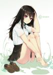  1girl absurdres bare_legs barefoot black_hair dew_drop feet highres loafers long_hair pleated_skirt shoes shoes_removed sitting skirt smile socks_removed solo toes violet_eyes water_drop wet 