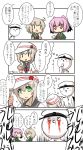  1boy 2girls 4koma ^q^ admiral_(kantai_collection) black_hair blonde_hair blood bloody_tears comic fur_trim gomasamune green_eyes green_jacket hat highres jacket kantai_collection kunashiri_(kantai_collection) long_sleeves military military_uniform multicolored_hair multiple_girls naval_uniform peaked_cap pink_eyes pink_hair red_ribbon ribbon shimushu_(kantai_collection) short_hair speech_bubble translation_request two_side_up uniform white_hat white_jacket 