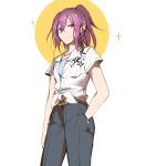  1girl alice_(bzone4) arm_at_side bang_dream! belt collared_shirt denim hair_between_eyes half-closed_eyes hand_in_pocket highres jeans jewelry looking_at_viewer necklace pants ponytail purple_hair red_eyes seta_kaoru shirt short_sleeves sidelocks smile solo sparkle tied_shirt white_background white_shirt 