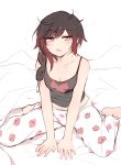  1girl bare_shoulders bed bed_sheet black_hair blush breasts cleavage drooling feet floral_print full_body gradient_hair grey_eyes half-closed_eyes looking_at_viewer medium_breasts messy_hair navel ndgd_(bean1215) on_bed open_mouth pajamas redhead ruby_rose rwby saliva seiza short_hair simple_background sitting sleep_mask sleepwear solo tank_top white_background 