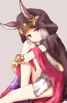  1girl animal_ears baram granblue_fantasy hood legs long_hair looking_at_viewer pink_background red_eyes silver_hair simple_background sitting skasaha_(granblue_fantasy) smile solo 