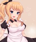  1girl :d apron arms_at_sides bangs beige_background black_dress black_ribbon blonde_hair blue_eyes blush breasts cleavage collarbone detached_collar dress eyebrows_visible_through_hair eyelashes hair_ribbon heart highres idolmaster idolmaster_cinderella_girls kmmsakr11 lace lace_trim long_hair looking_at_viewer medium_breasts ootsuki_yui open_mouth ponytail puffy_short_sleeves puffy_sleeves ribbon round_teeth short_sleeves sidelocks simple_background smile solo teeth upper_body waitress wavy_hair white_apron 